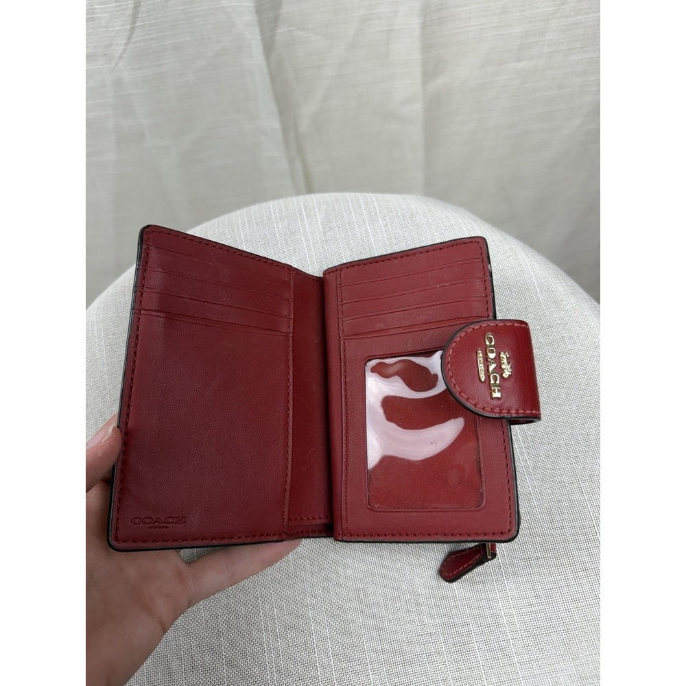 Coach Wallet Womens One Size Brown Red Signature Logo Zip Around Bifold Leather - Picture 6 of 12